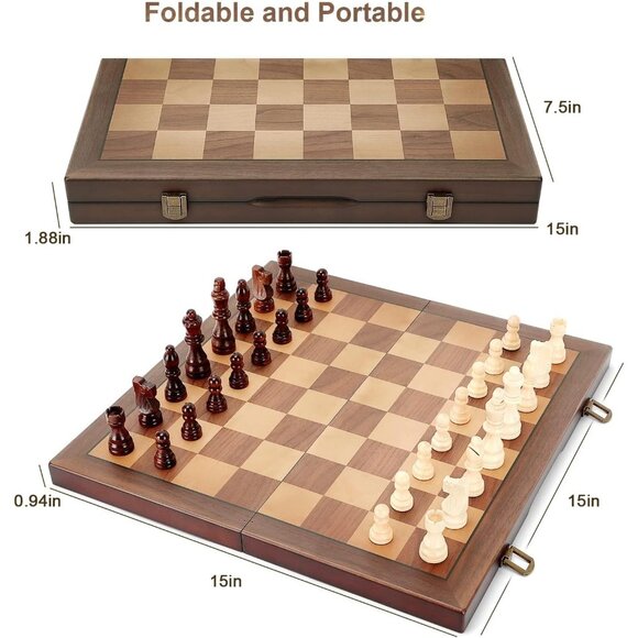 Magnetic Wooden Chess Set for Adults Kids 15'' Chess Board with Handmade Pieces, - Picture 6 of 8